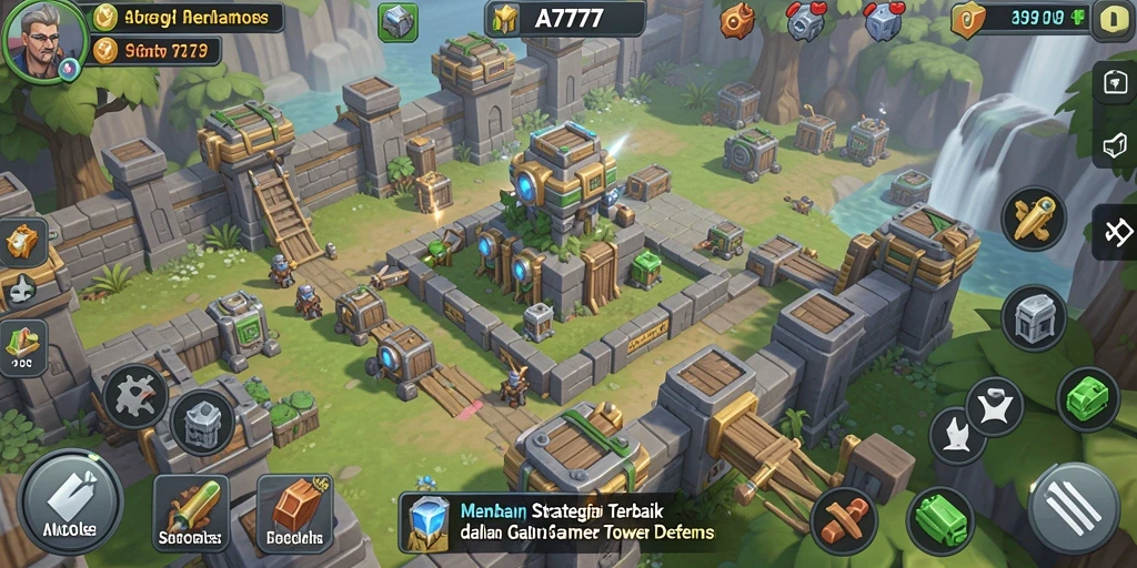 Tampilan gameplay A7777 dalam momen utama Tower Defense.