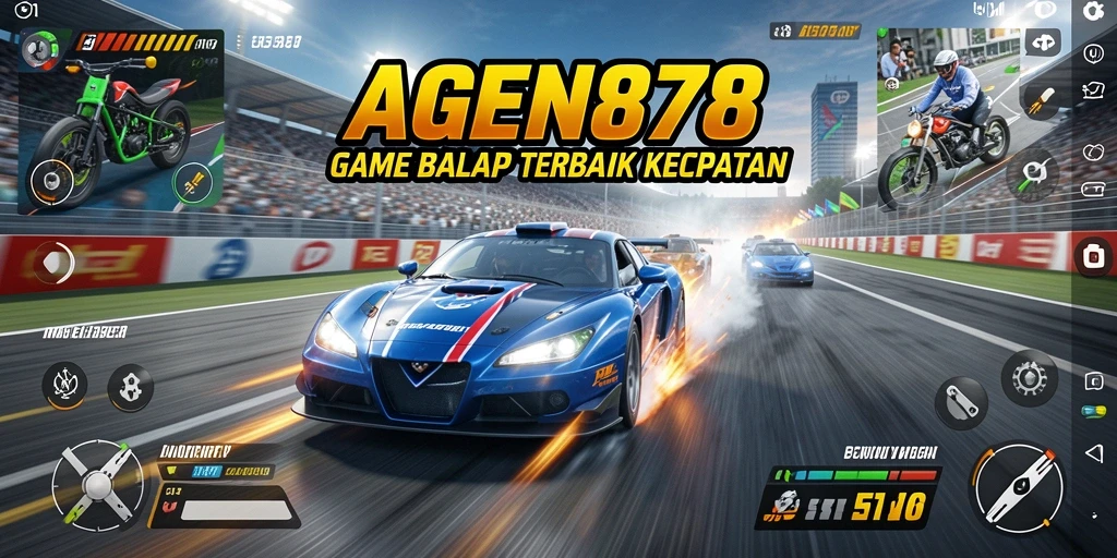 Tampilan gameplay yang mendebarkan dalam AGEN878 dengan mobil balap melaju kencang.