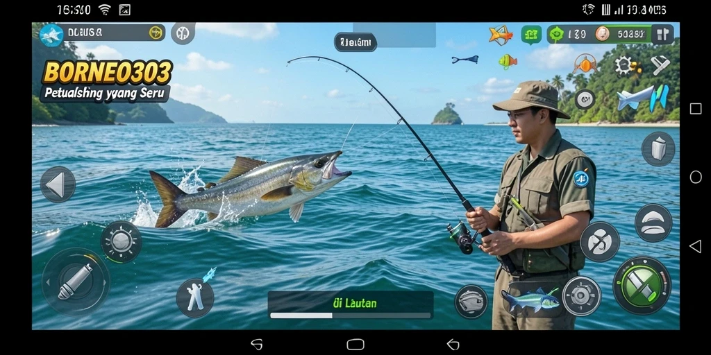 Screenshot gameplay BORNEO303 dengan tampilan laut yang indah dan aktivitas memancing.