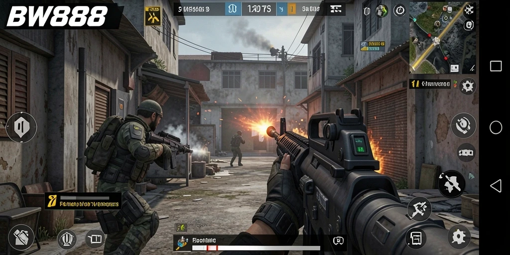 Gameplay BW888 menampilkan pertempuran FPS yang intens dan mendebarkan.