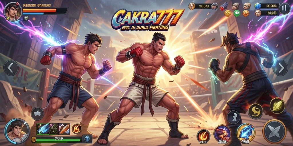 Gameplay CAKRA777 menampilkan pertarungan seru dan karakter unik.