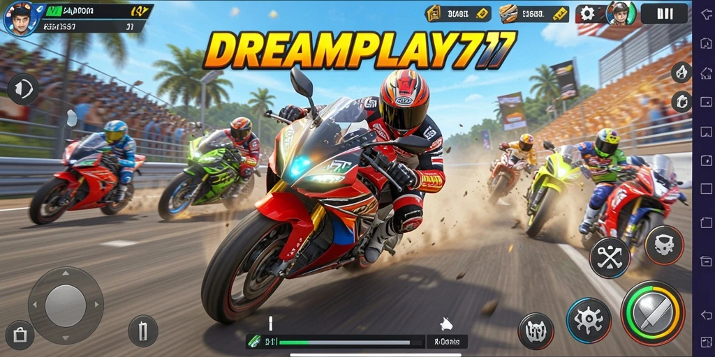 Screenshot gameplay DREAMPLAY77 menampilkan aksi balapan motor yang mendebarkan.