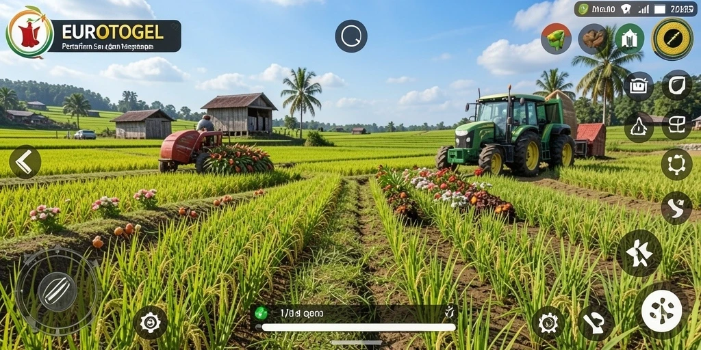 Gameplay EUROTOGEL menampilkan ladang yang subur dan aktivitas bercocok tanam.