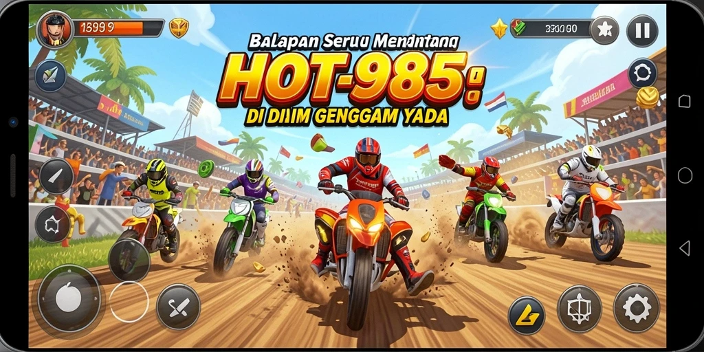 Gameplay HOT985 dengan mobil balap yang sedang melaju kencang di trek.