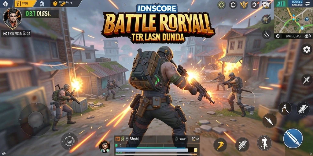 Tampilan gameplay mendebarkan dalam IDNSCORE dengan aksi Battle Royale intens.