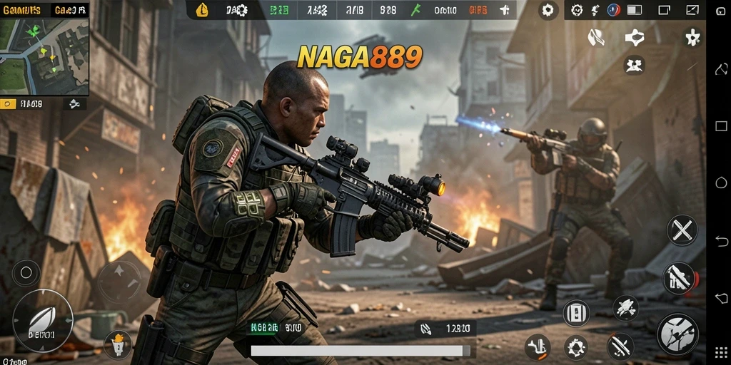 Screenshot gameplay NAGA889 menampilkan aksi tembak-menembak yang dinamis.
