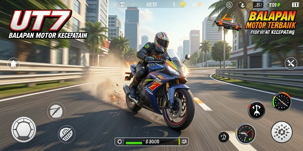 Tampilan seru gameplay UT77 saat balapan motor di trek menantang.